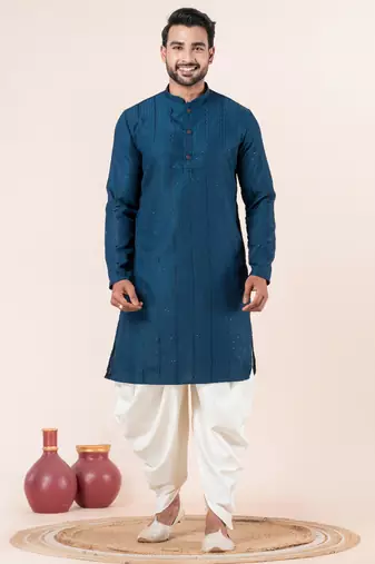 Blue embroidery bangalorian kurta dhoti set for festive, reception, weddings