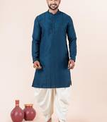 Blue embroidery bangalorian kurta dhoti set for festive, reception, weddings