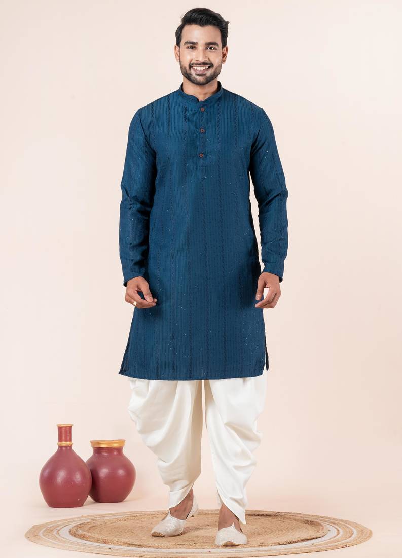 Blue embroidery bangalorian kurta dhoti set for festive, reception, weddings