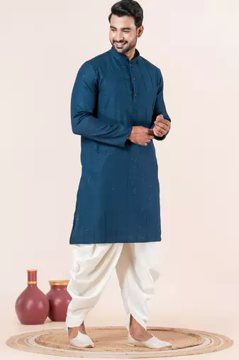 Blue embroidery bangalorian kurta dhoti set for festive, reception, weddings