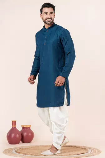 Blue embroidery bangalorian kurta dhoti set for festive, reception, weddings