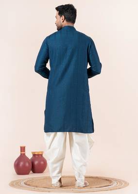 Blue embroidery bangalorian kurta dhoti set for festive, reception, weddings 4