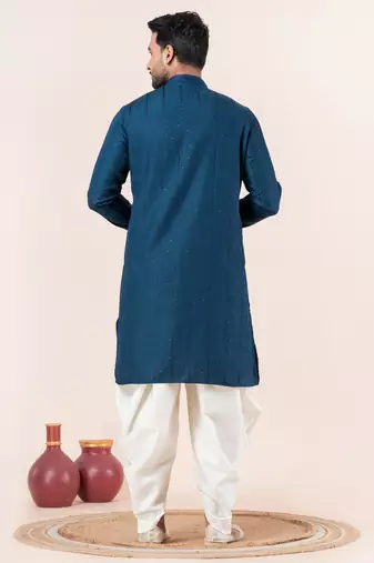 Blue embroidery bangalorian kurta dhoti set for festive, reception, weddings