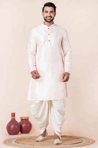 Peach embroidery bangalorian kurta dhoti set for festive, reception, weddings