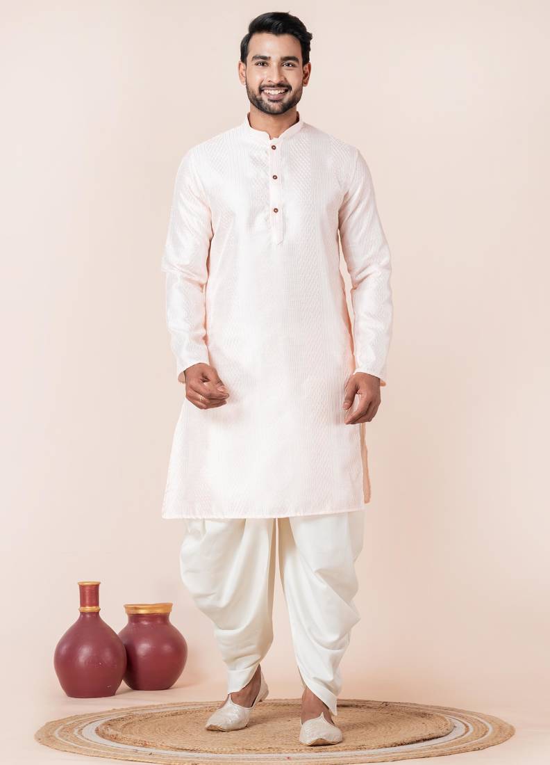 Peach embroidery bangalorian kurta dhoti set for festive, reception, weddings