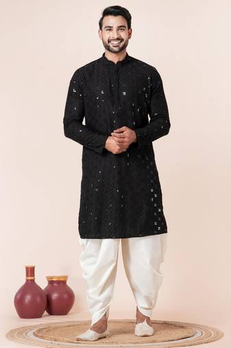 Black embroidery sequence kurta dhoti set for festive, reception, weddings