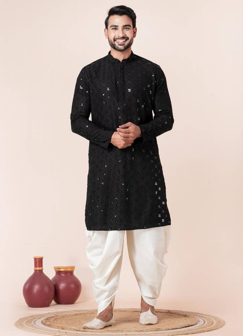 Black embroidery sequence kurta dhoti set for festive, reception, weddings