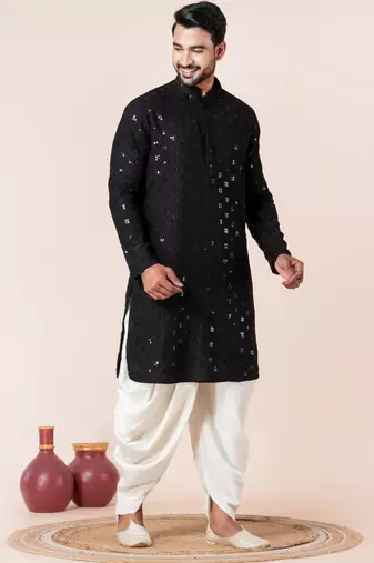 Black embroidery sequence kurta dhoti set for festive, reception, weddings