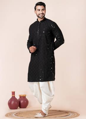 Black embroidery sequence kurta dhoti set for festive, reception, weddings 3