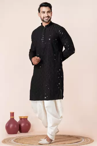 Black embroidery sequence kurta dhoti set for festive, reception, weddings