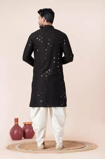 Black embroidery sequence kurta dhoti set for festive, reception, weddings