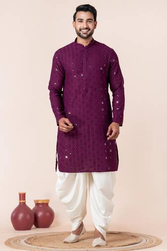 Purple embroidery sequence kurta dhoti set for festive, reception, weddings
