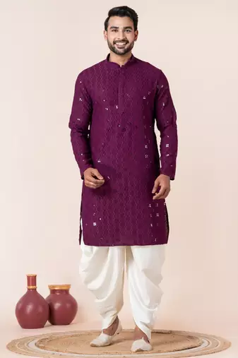 Purple embroidery sequence kurta dhoti set for festive, reception, weddings