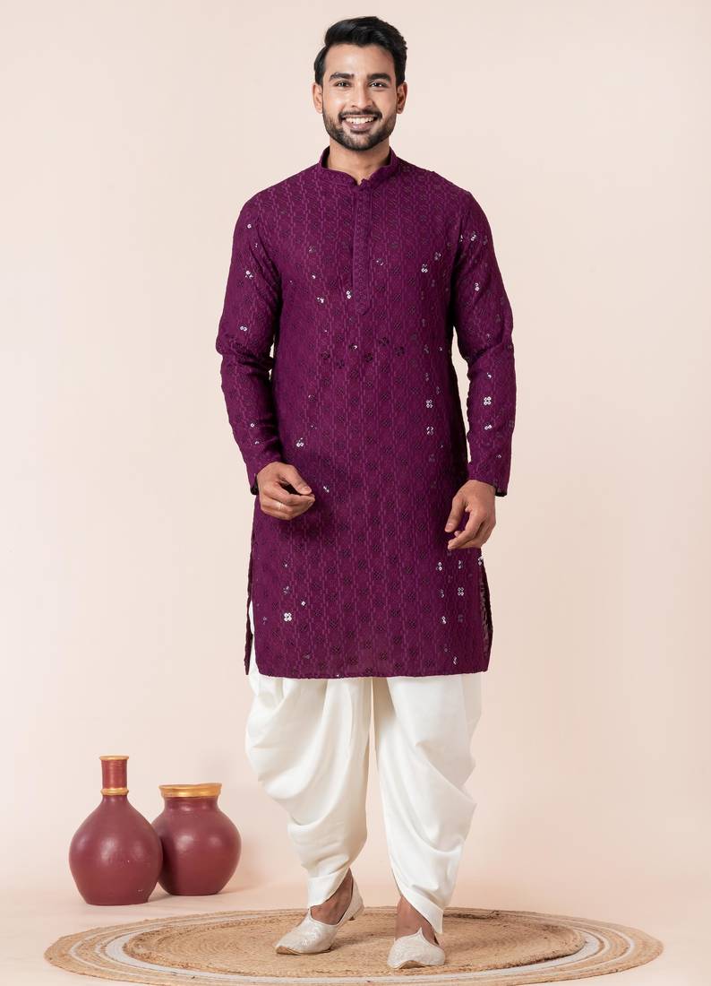 Purple embroidery sequence kurta dhoti set for festive, reception, weddings