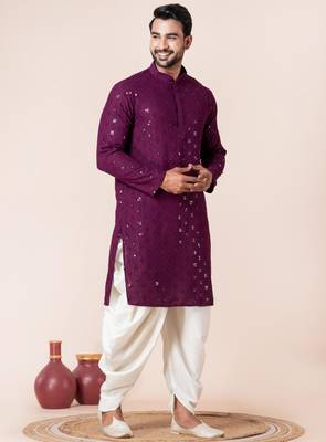 Purple embroidery sequence kurta dhoti set for festive, reception, weddings 2