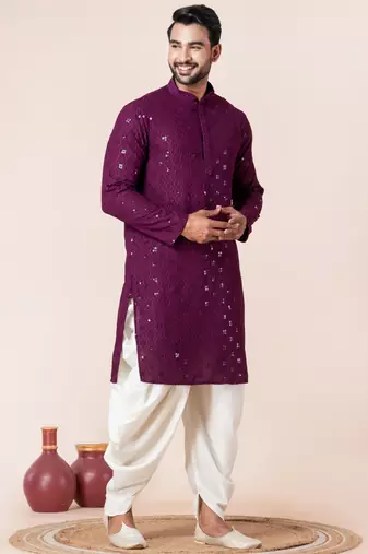 Purple embroidery sequence kurta dhoti set for festive, reception, weddings