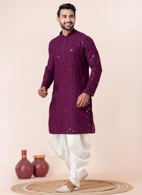 Purple embroidery sequence kurta dhoti set for festive, reception, weddings 3