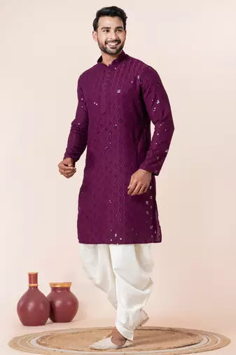 Purple embroidery sequence kurta dhoti set for festive, reception, weddings