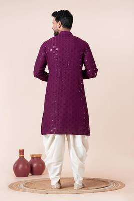 Purple embroidery sequence kurta dhoti set for festive, reception, weddings 4