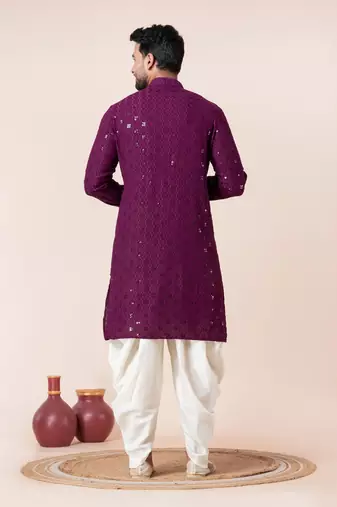 Purple embroidery sequence kurta dhoti set for festive, reception, weddings