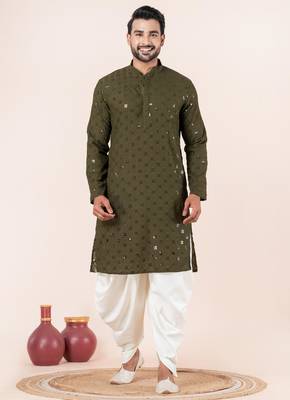 Olive embroidery sequence kurta dhoti set for festive, reception, weddings 1