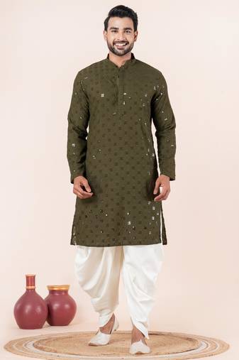 Olive embroidery sequence kurta dhoti set for festive, reception, weddings