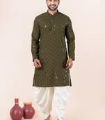 Olive embroidery sequence kurta dhoti set for festive, reception, weddings