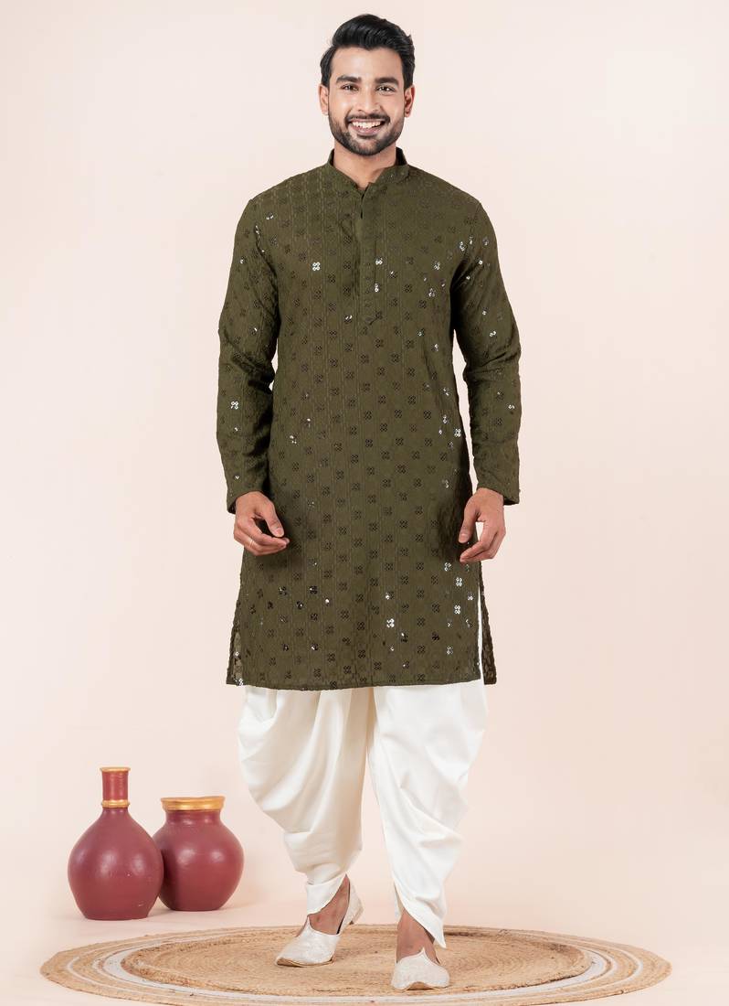 Olive embroidery sequence kurta dhoti set for festive, reception, weddings