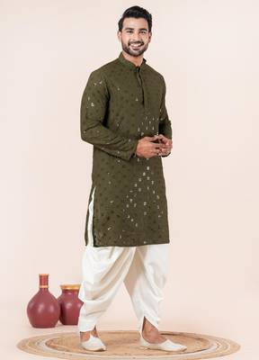 Olive embroidery sequence kurta dhoti set for festive, reception, weddings 2