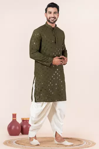 Olive embroidery sequence kurta dhoti set for festive, reception, weddings