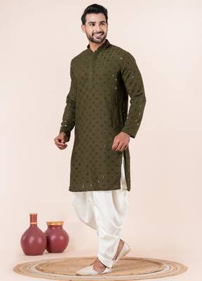 Olive embroidery sequence kurta dhoti set for festive, reception, weddings 3