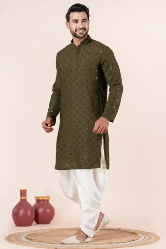 Olive embroidery sequence kurta dhoti set for festive, reception, weddings