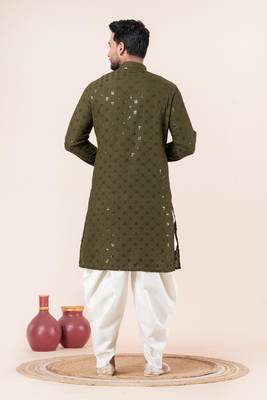 Olive embroidery sequence kurta dhoti set for festive, reception, weddings 4