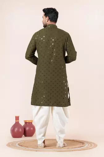 Olive embroidery sequence kurta dhoti set for festive, reception, weddings
