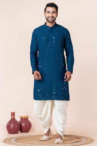 Blue embroidery sequence kurta dhoti set for festive, reception, weddings