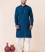 Blue embroidery sequence kurta dhoti set for festive, reception, weddings