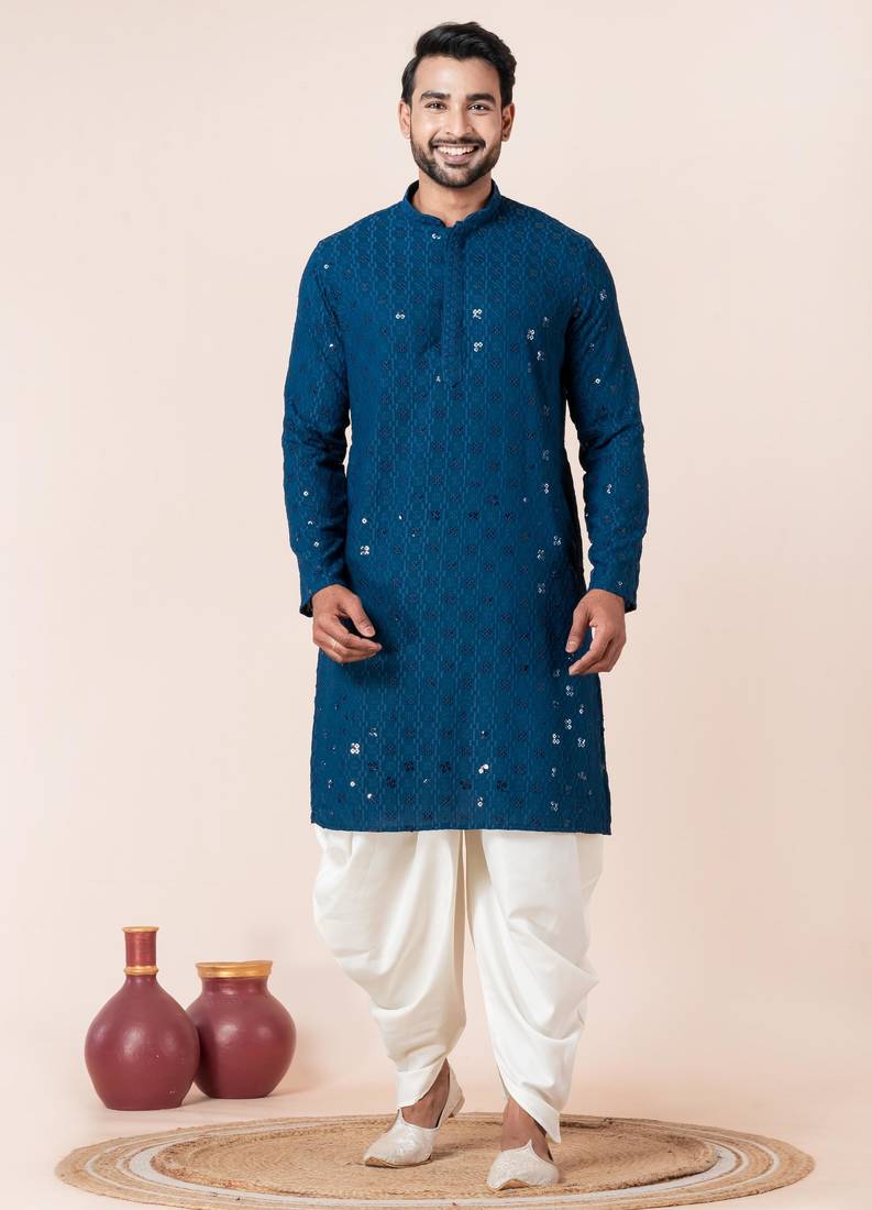 Blue embroidery sequence kurta dhoti set for festive, reception, weddings