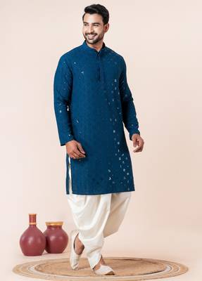 Blue embroidery sequence kurta dhoti set for festive, reception, weddings 2