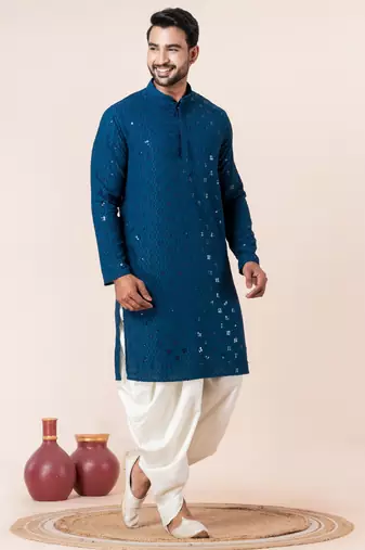 Blue embroidery sequence kurta dhoti set for festive, reception, weddings