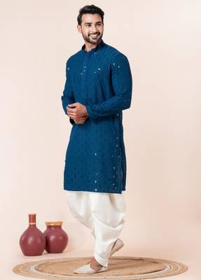 Blue embroidery sequence kurta dhoti set for festive, reception, weddings 3