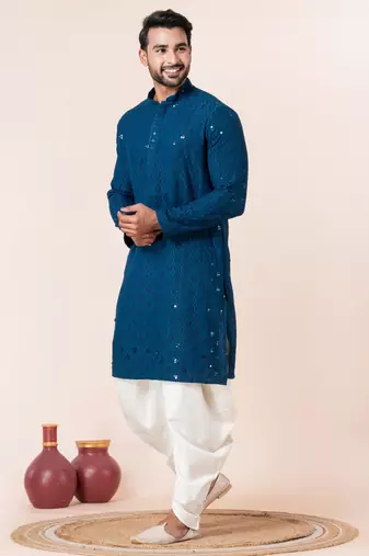 Blue embroidery sequence kurta dhoti set for festive, reception, weddings