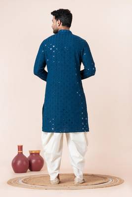 Blue embroidery sequence kurta dhoti set for festive, reception, weddings 4