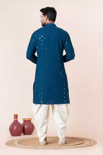 Blue embroidery sequence kurta dhoti set for festive, reception, weddings