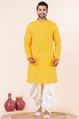 Yellow embroidery sequence kurta dhoti set for festive, reception, weddings