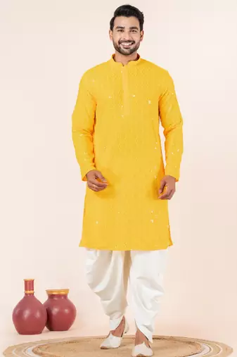 Yellow embroidery sequence kurta dhoti set for festive, reception, weddings