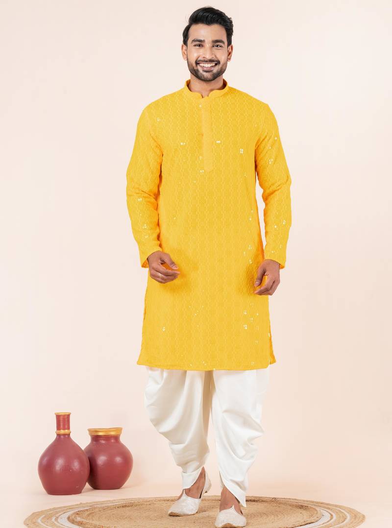 Yellow embroidery sequence kurta dhoti set for festive, reception, weddings