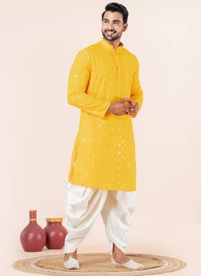 Yellow embroidery sequence kurta dhoti set for festive, reception, weddings 2