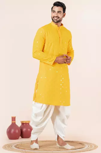 Yellow embroidery sequence kurta dhoti set for festive, reception, weddings