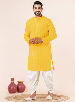 Yellow embroidery sequence kurta dhoti set for festive, reception, weddings 3
