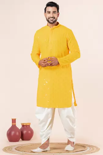 Yellow embroidery sequence kurta dhoti set for festive, reception, weddings